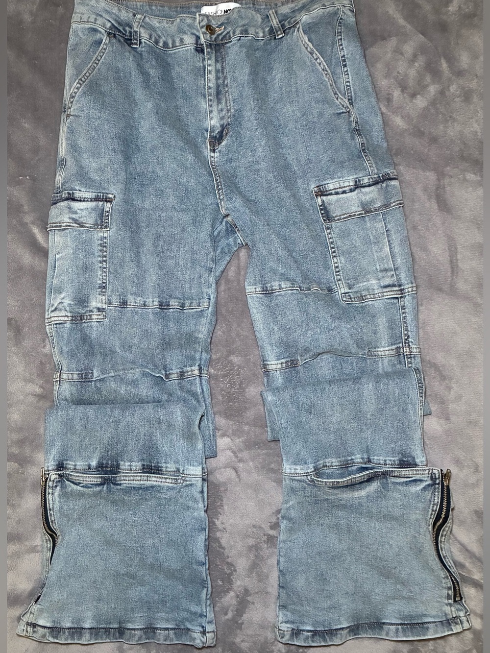 Fashion Nova Light Wash Cargo Zipper Utility Jeans